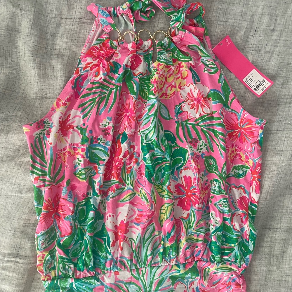 Floral Halter Top with Pink and Green Design; matching skirt
